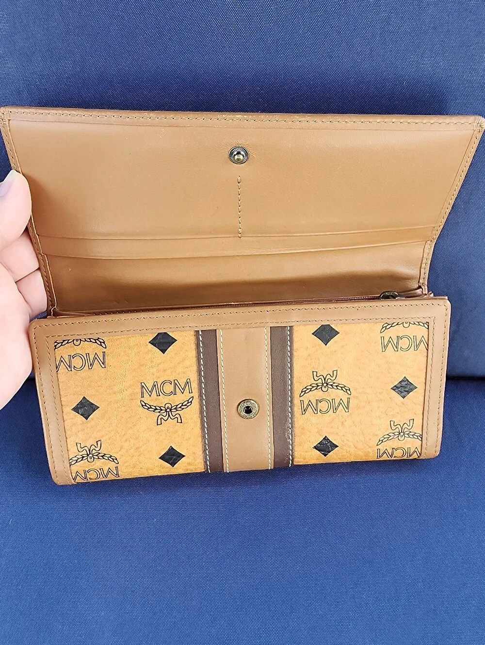 MCM Cognac Visetos Continental Wallet with Brown Center Stripe
